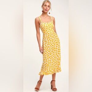 NWT Faithfull the Brand Noemie Yellow Floral Print Ruffled Midi Dress Sundress M